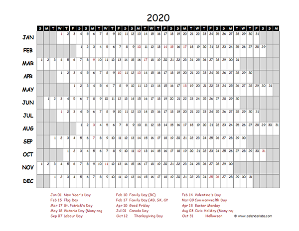 2020 Canada Project Timeline Calendar