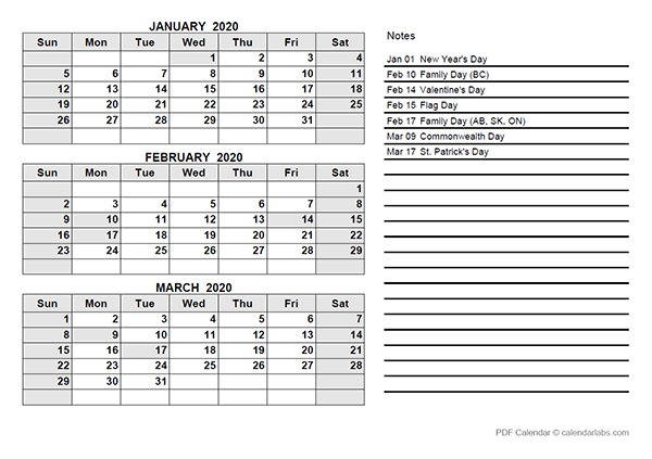 2020 Canada Quarterly Calendar Template