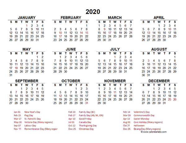 2020 Canada Yearly Calendar Template Excel Free