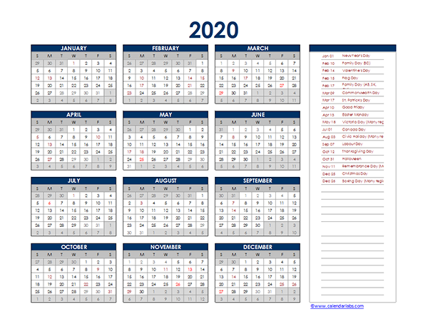 2020 Canada Yearly Excel Calendar