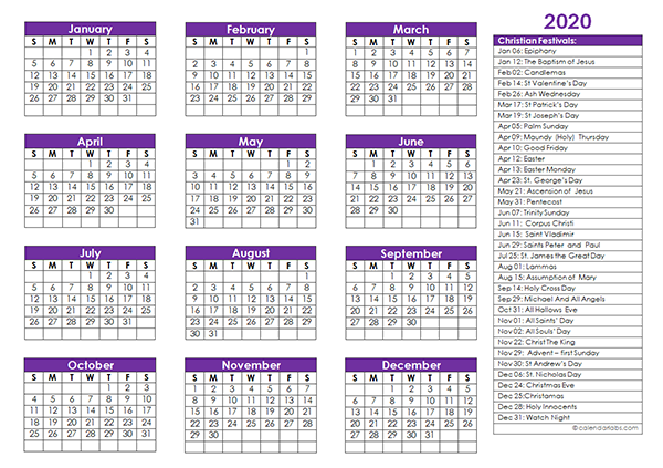 2020 Christian Festivals Calendar Template