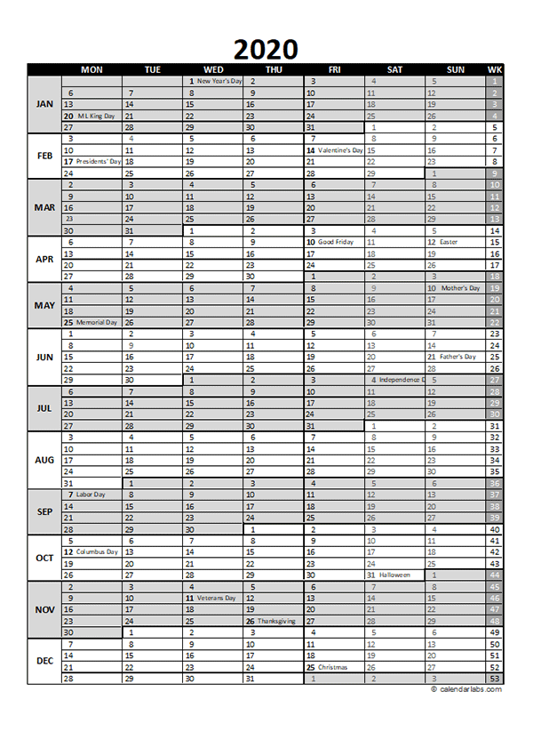 Free 2020 Excel Calendar for Project Planning