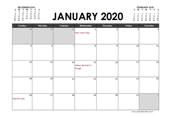 2020 Excel Calendar Planner India