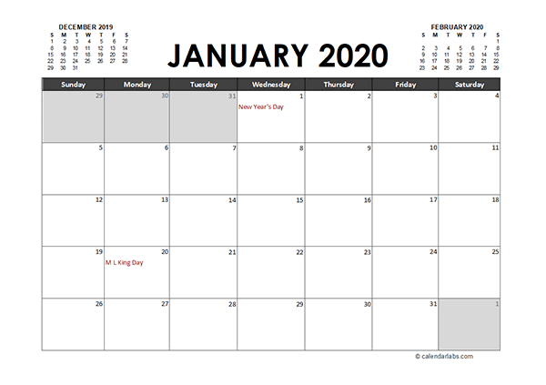 Monthly 2020 Excel Calendar Planner