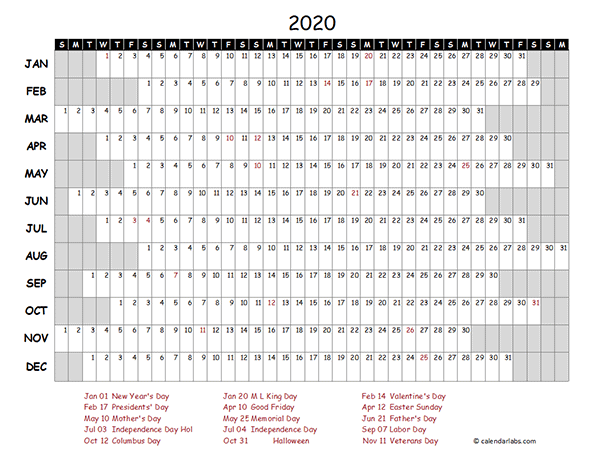 2020 Excel Calendar Project Timeline