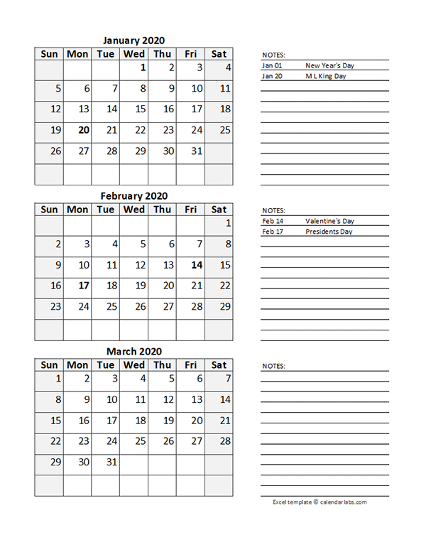 2020 Calendar Free Printable Microsoft Excel Templates