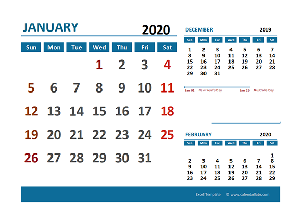 2020 Excel Calendar with Australia Holidays 	