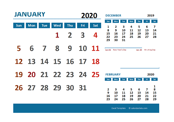 2020 Excel Calendar with Holidays