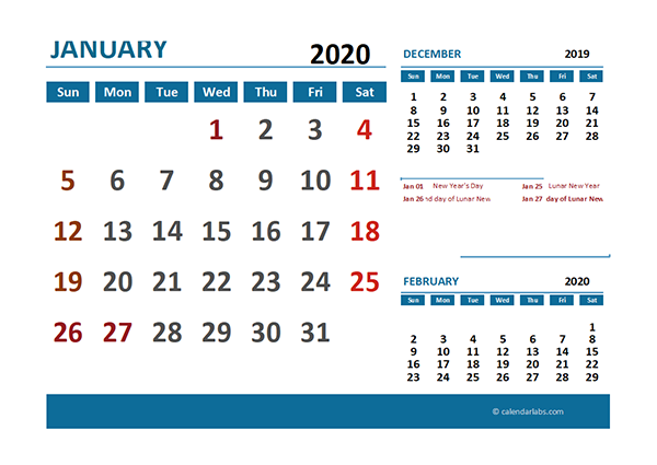 2020 Excel Calendar with Hong Kong Holidays 	