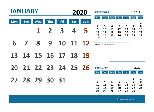 2020 Excel Calendar with Netherlands Holidays 	