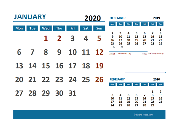 2020 Excel Calendar with UK Holidays 	