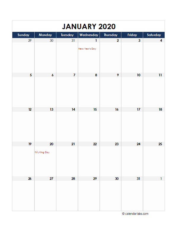 2020 Excel Monthly Calendar Template