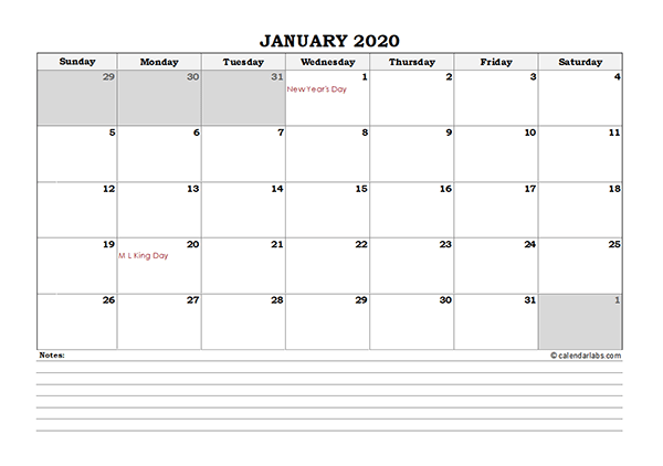 2020 Excel Monthly Calendar with Notes
