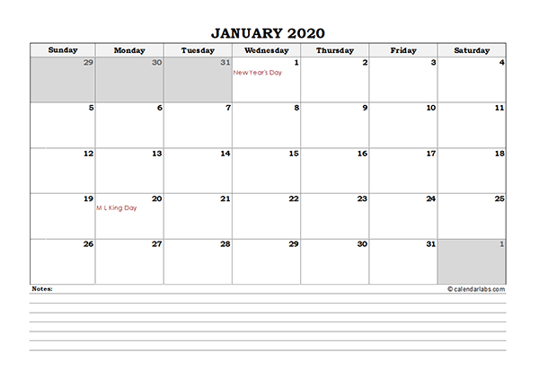 2020 Excel Monthly Calendar With Notes Free Printable Templates