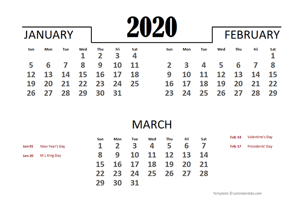 2020 Excel Quarterly Calendar Template