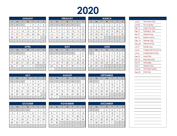 2020 Full Year Calendar Free Excel Template - Riset