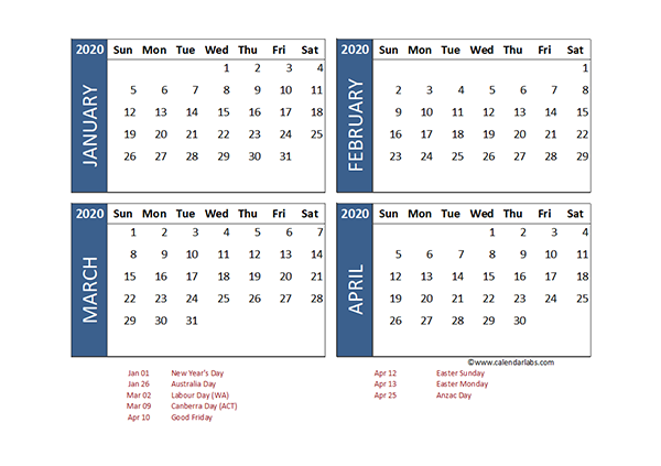 2020 Four Month Calendar Australia Template