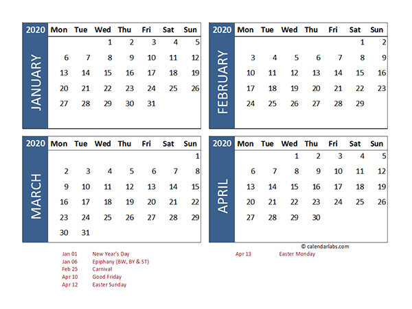 2020 Four Month Calendar Germany Template