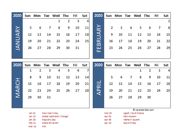 2020 Four Month Calendar India Template