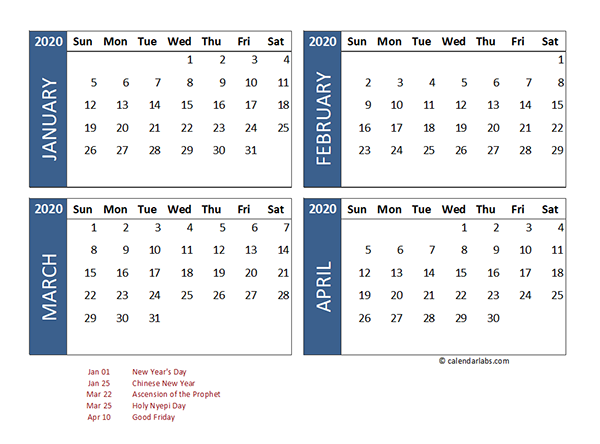 2020 Four Month Calendar Indonesia Template