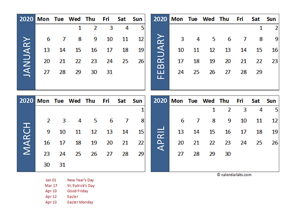 2020 Four Month Calendar Ireland Template