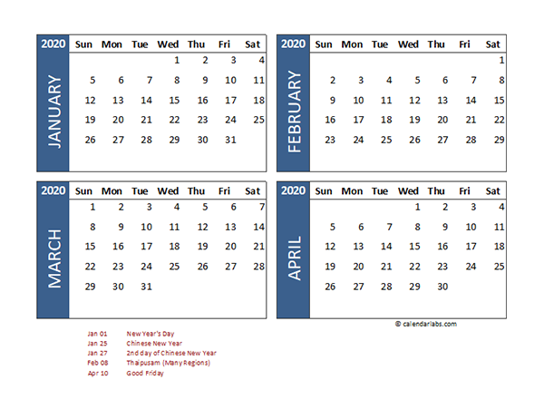 2020 Four Month Calendar Malaysia Template