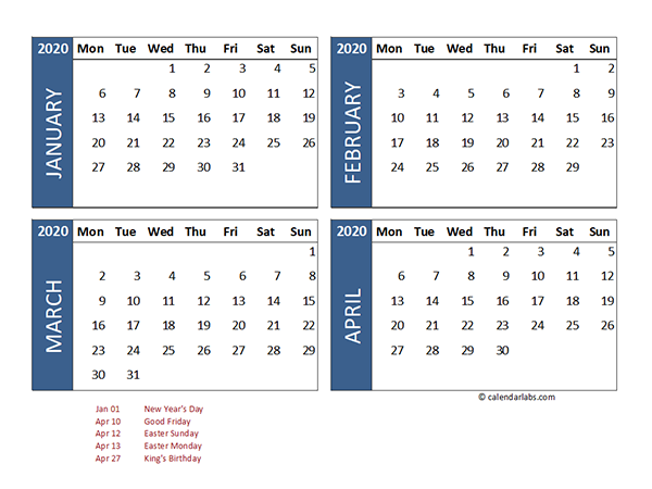 2020 Four Month Calendar Netherlands Template