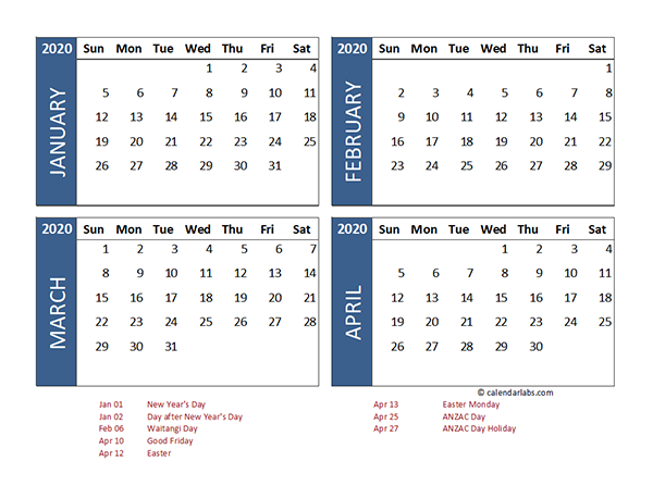 2020 Four Month Calendar New Zealand Template