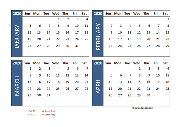 2020 Four Month Calendar Pakistan Template