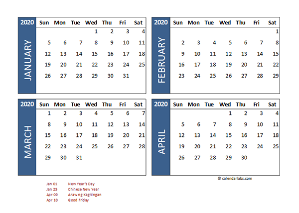 2020 Four Month Calendar Philippines Template