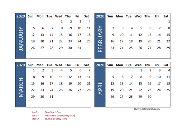 2020 Four Month Calendar Singapore Template