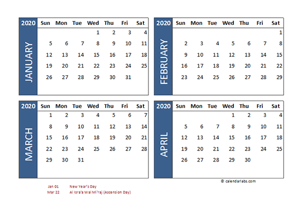 2020 Four Month Calendar UAE Template
