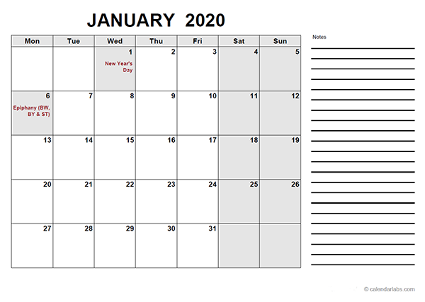 2020 Germany Free Calendar PDF Template
