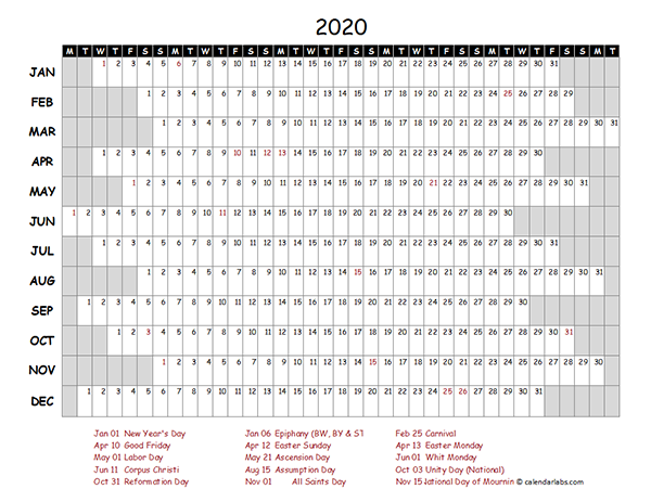 2020 Germany Project Timeline Calendar
