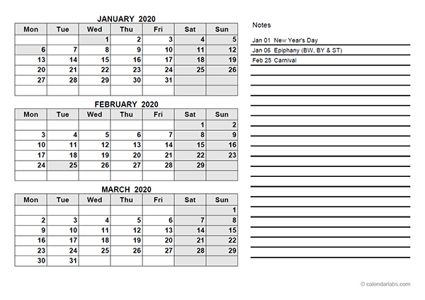 2020 Germany Quarterly Calendar Template