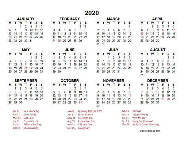 2020 Germany Yearly Calendar Template Excel