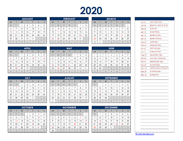 2020 Germany Yearly Excel Calendar