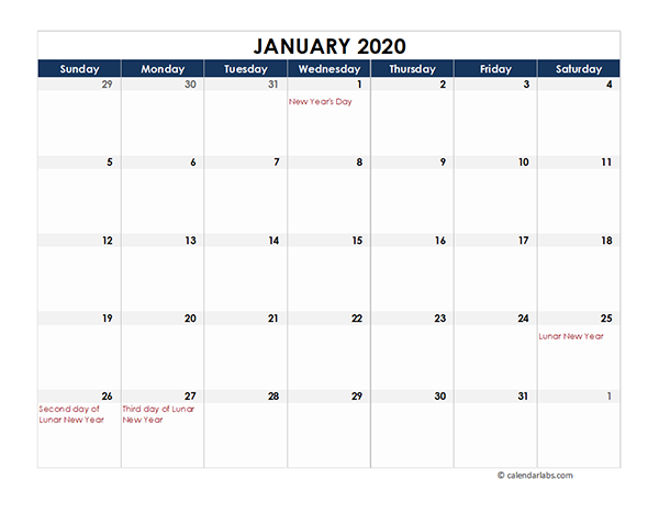 2020 Hong Kong Calendar Spreadsheet Template