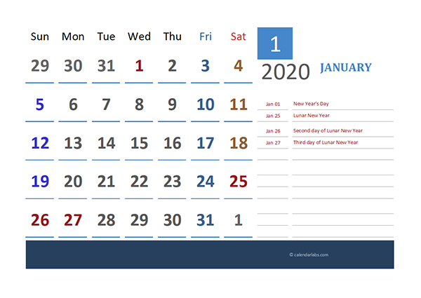 2020 hong-kong Calendar for Vacation Tracking