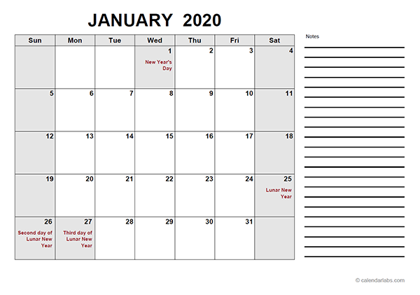 2020 Hong Kong Free Calendar PDF Template