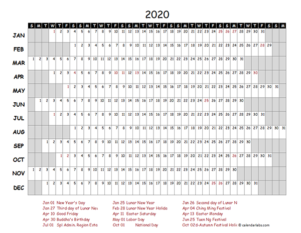 2020 Hong Kong Project Timeline Calendar