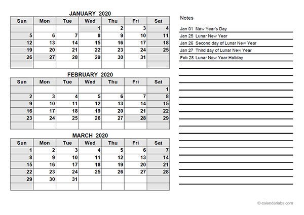 2020 Hong Kong Quarterly Calendar Template