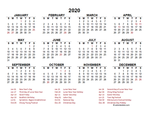 2020 Hong Kong Yearly Calendar Template Excel