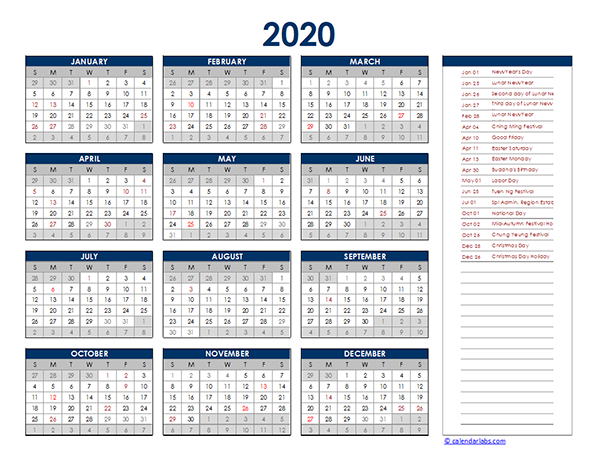 2020 Hong Kong Yearly Excel Calendar
