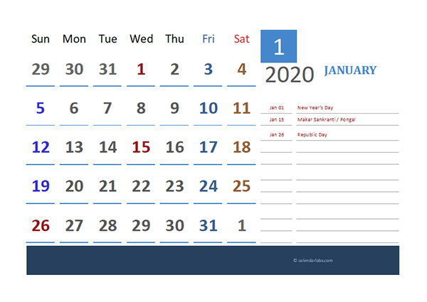 2020 India Calendar for Vacation Tracking