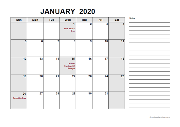 2020 India Free Calendar PDF Template