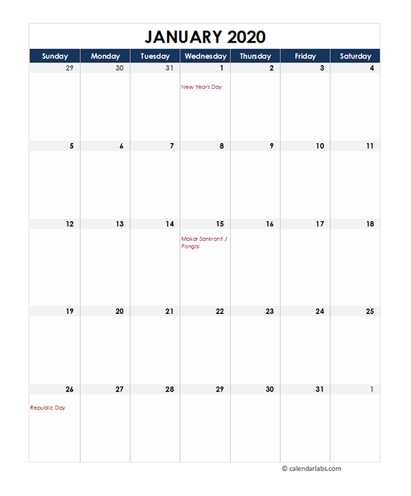 2020 India Monthly Excel Calendar