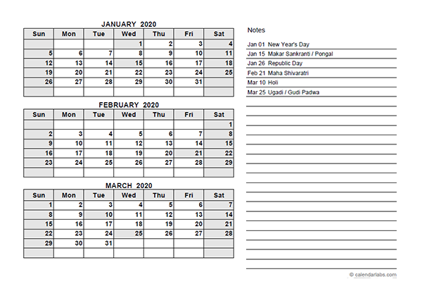 2020 India Quarterly Calendar Template