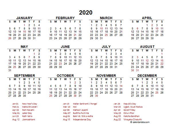 2020 India Yearly Calendar Template Excel