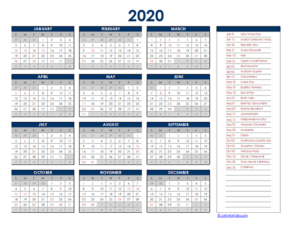 2020 India Yearly Excel Calendar